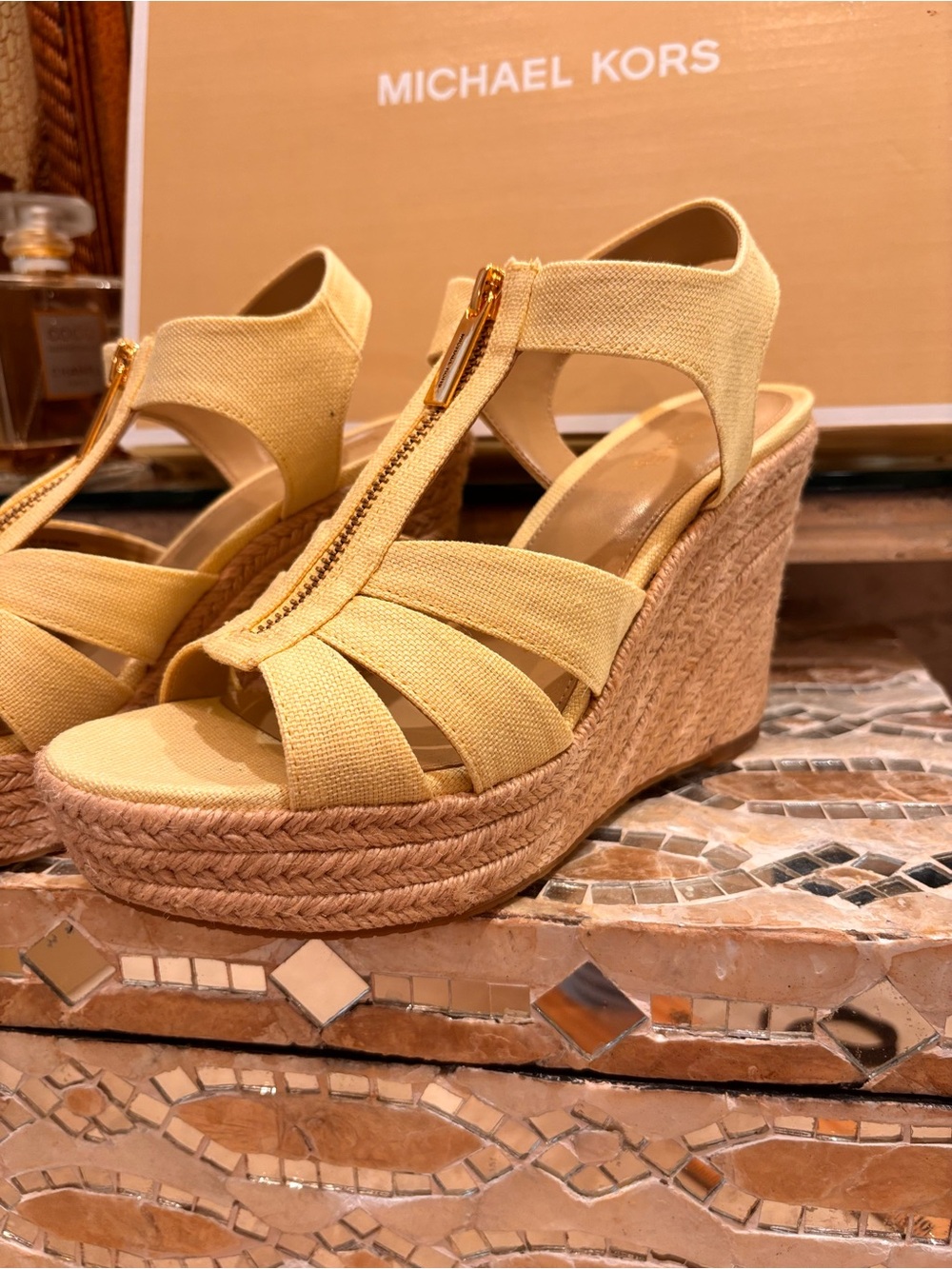 Michael Kors Yellow Canvas Espadrille Wedge Sandals with Gold Zip
